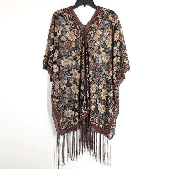 UNBRANDED Kimono Women's OS Floral Brown Black Metallic Sheer‎ Buttons Fringe - Picture 4 of 16